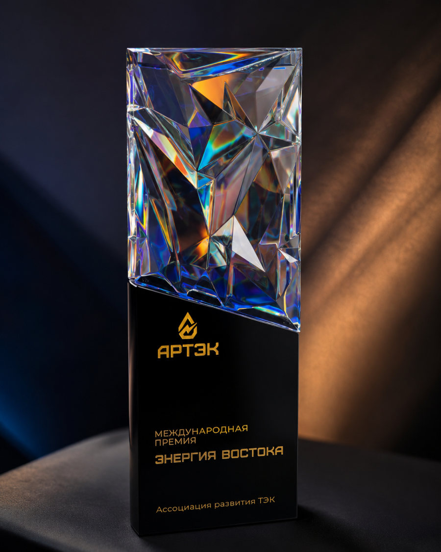 Награда премии «Энергия Востока» 2026: кристаллическая статуэтка на чёрном основании с логотипом АРТЭК